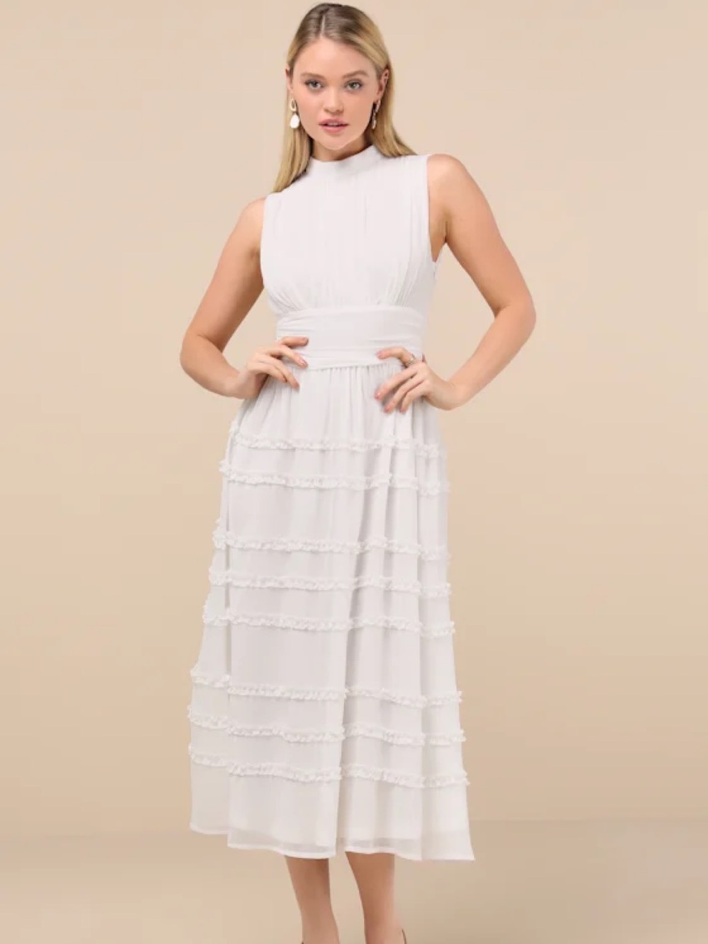 NEW WITH TAGS Lulus white High-Neck Tiered Midi Dress